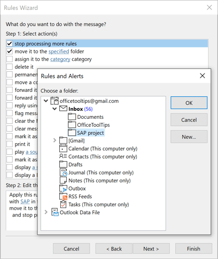 Rules Wizard choose a folder in Outlook 365