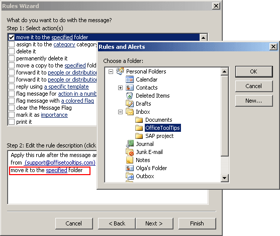 Rules Wizard choose a folder in Outlook 2003