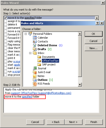 Rules Wizard choose a folder in Outlook 2007