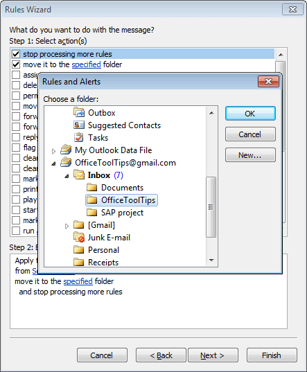 Rules Wizard choose a folder in Outlook 2010