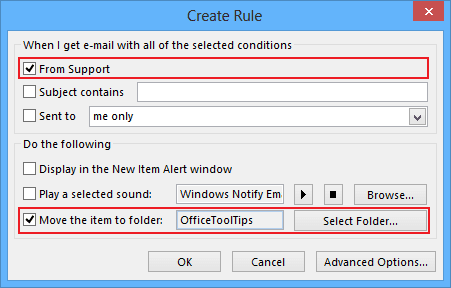 Create Rule in Outlook 2013