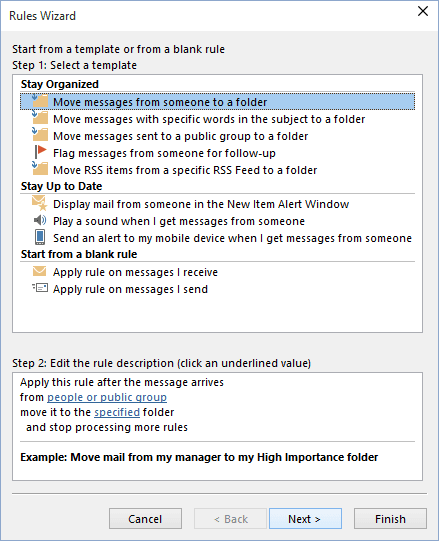 Rules Wizard Step 1 in Outlook 2016