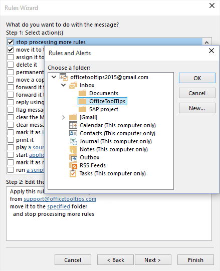 Rules Wizard choose a folder in Outlook 2016 Rules Wizard choose a folder in Outlook 2016