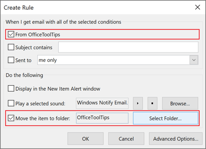 Create Rule in Outlook 365