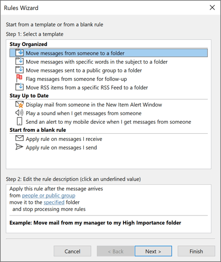 Rules Wizard Step 1 in Outlook 365