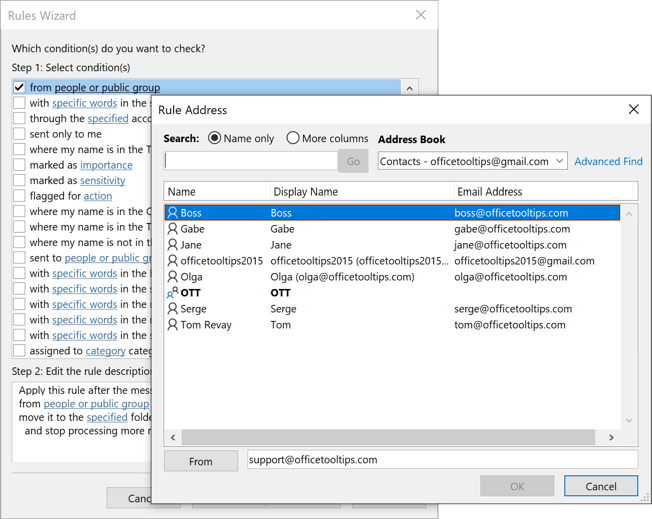 Rules Wizard Step 2 in Outlook 365