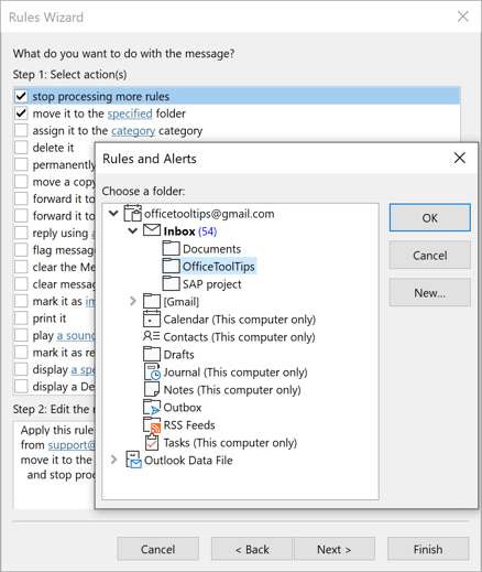 Rules Wizard choose a folder in Outlook 365
