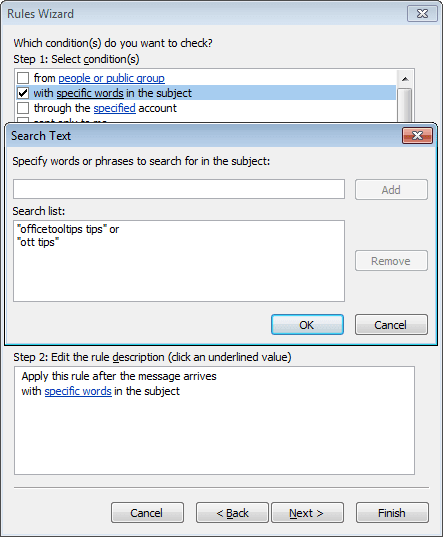 Rules Wizard Step 2 in Outlook 2010