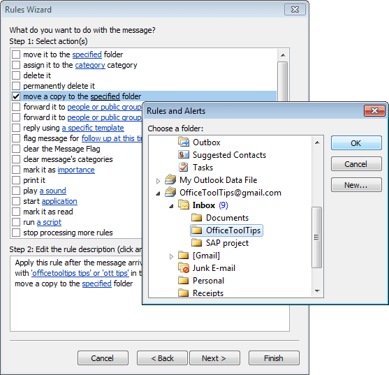 Rules Wizard choose a folder in Outlook 2010