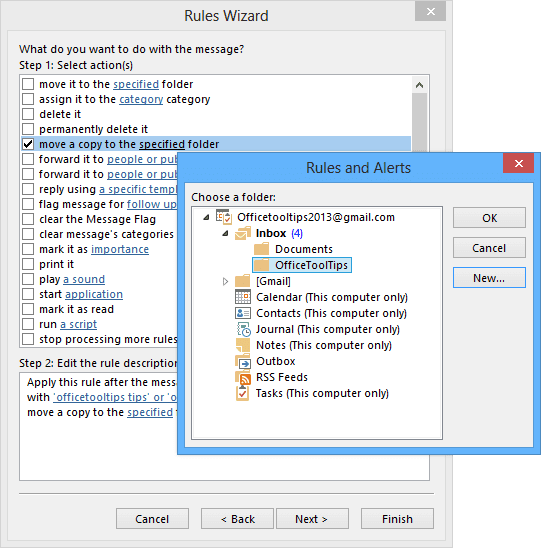 Rules Wizard choose a folder in Outlook 2013