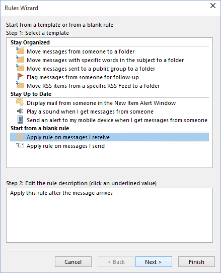 Rules Wizard Step 1 in Outlook 2016