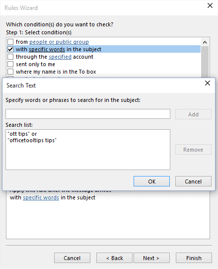 Rules Wizard Step 2 in Outlook 2016 Rules Wizard Step 2 in Outlook 2016