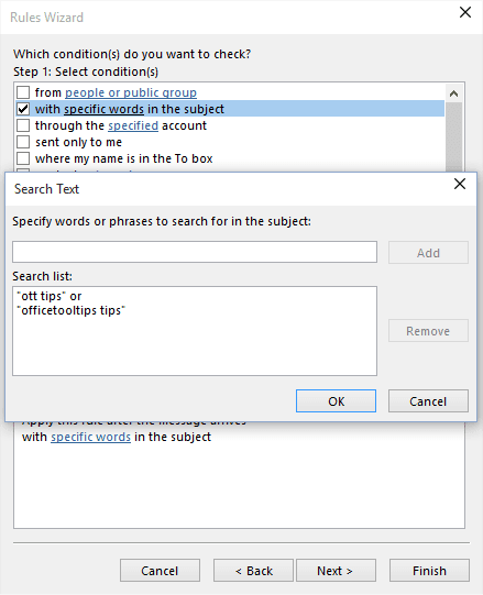 Rules Wizard Step 2 in Outlook 2016
