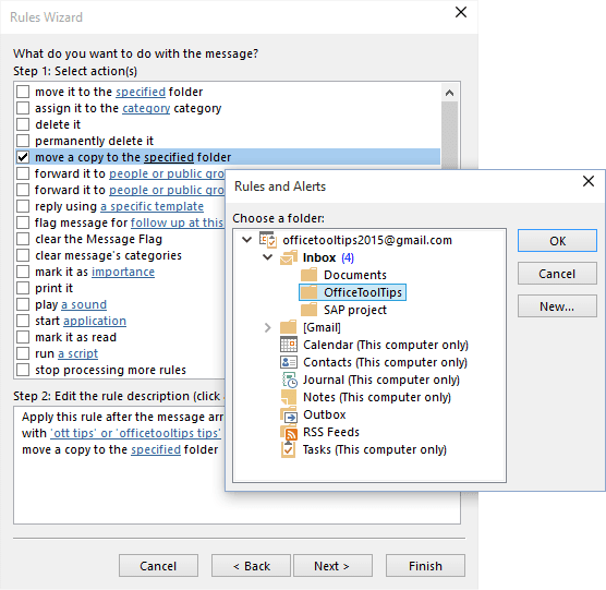 Rules Wizard choose a folder in Outlook 2016