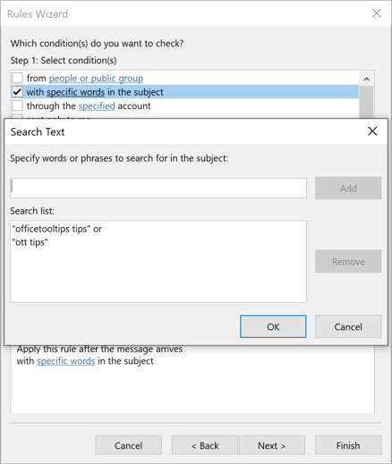 Rules Wizard Step 2 in Outlook 365