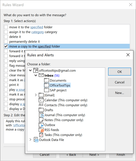 Rules Wizard choose a folder in Outlook 365