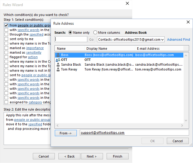Rules Wizard Step 2 in Outlook 2016 Rules Wizard Step 2 in Outlook 2016