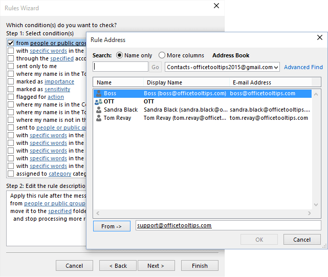 Rules Wizard Step 2 in Outlook 2016