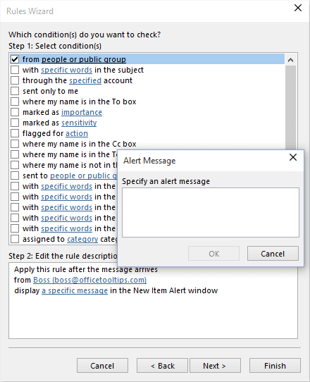 Rules Wizard Alert Message in Outlook 2016