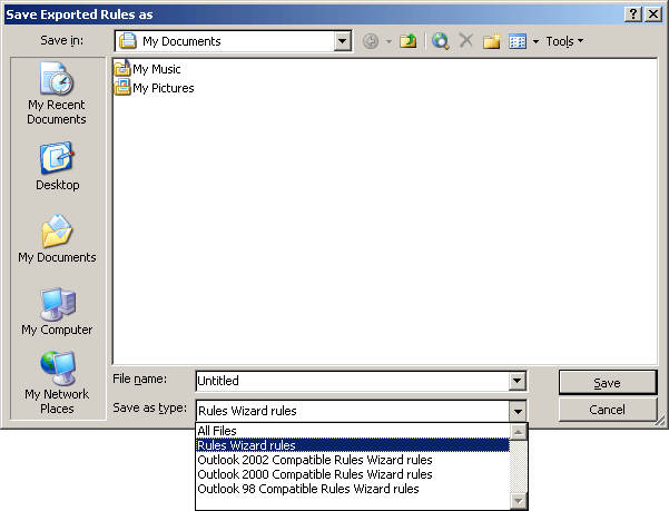 Save Exported Rules as in Outlook 2003