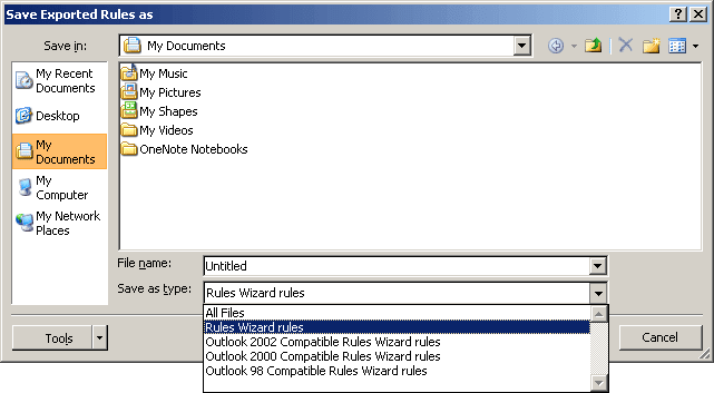 Save Exported Rules as in Outlook 2007
