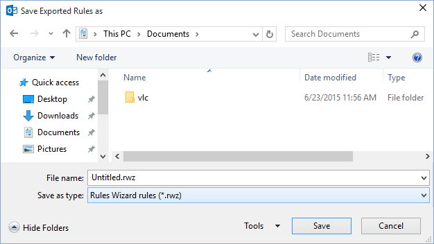 Save Exported Rules as in Outlook 2016
