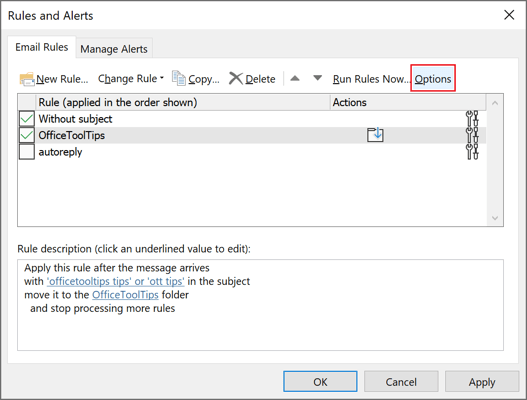 Options Rules and Alerts button in Outlook 365