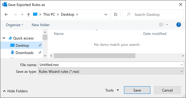Save Exported Rules as in Outlook 365