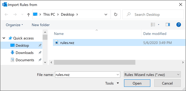 Import Rules from in Outlook 365