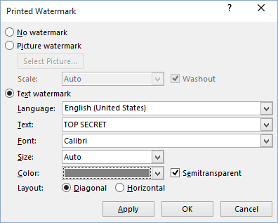 Printed Watermark in Word 2016