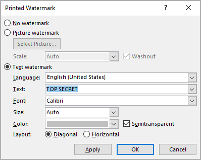 Printed Watermark in Word 365