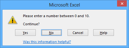 Warning validation message example Excel 2013