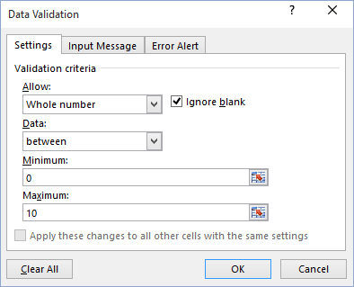 Number validation in Excel 2016