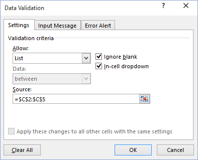List validation in Excel 2016
