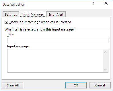 Input Message validation in Excel 2016