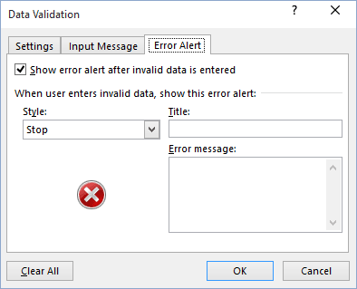 Error Alert validation in Excel 2016