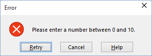 Stop validation message example Excel 2016