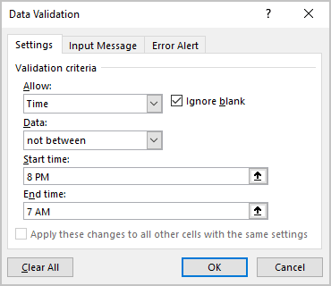 Time validation in Excel 365