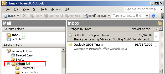 Total e-mails in Outlook 2003