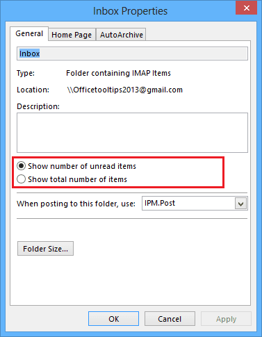 Folder Properties in Outlook 2013