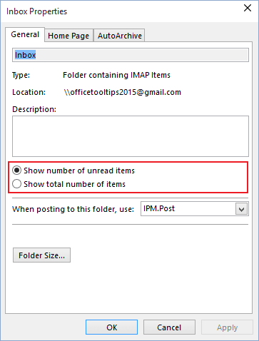 Folder Properties in Outlook 2016 Folder Properties in Outlook 2016