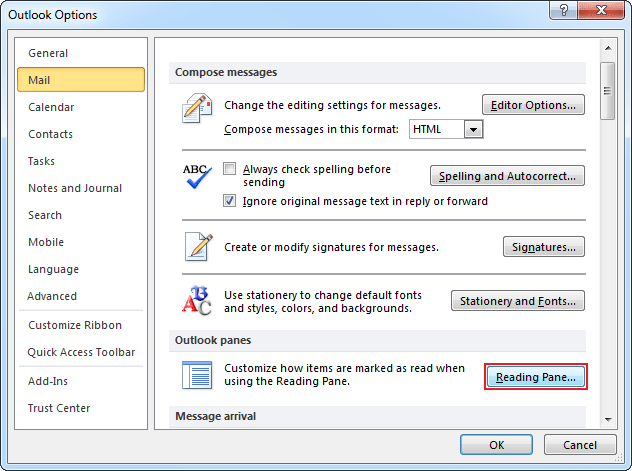 Mail Options Outlook 2010