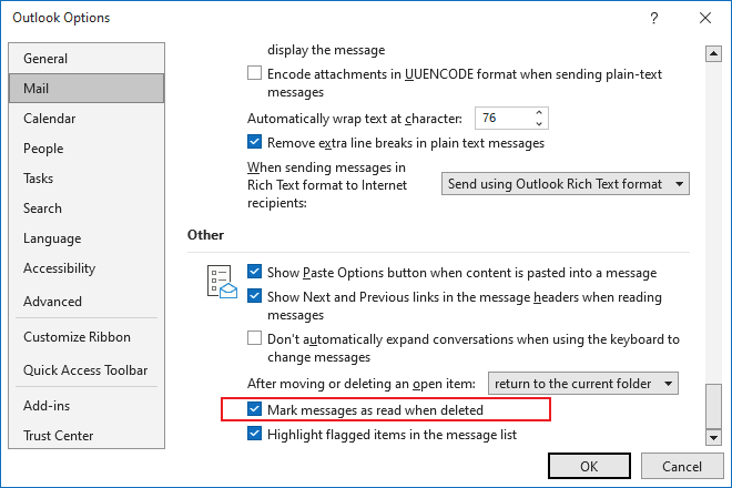 Mark messages as read when deleted in Outlook 365 Options