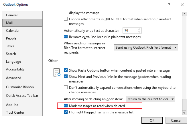 Mark messages as read when deleted in Outlook for Microsoft 365 Mark messages as read when deleted in Outlook 365 Options