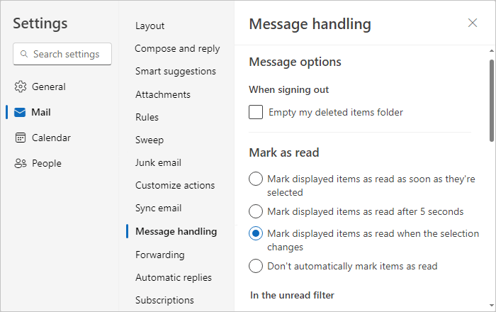Message handling tab in Settings Outlook for Web