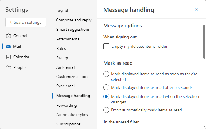 Message handling tab in Settings Outlook for Web Message handling tab in Settings Outlook for Web