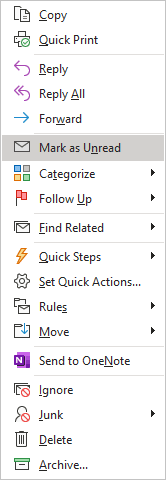 Mark as Unread in popup menu Outlook 365
