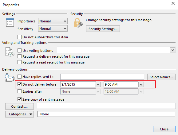 Message Options in Outlook 2016