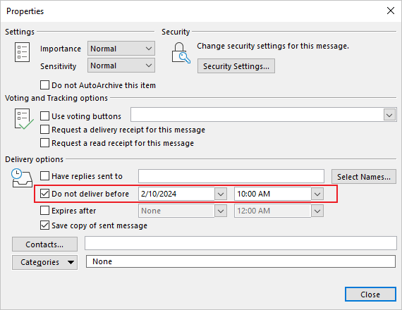 Properties dialog box in Outlook for Microsoft 365 Properties dialog box in Outlook 365