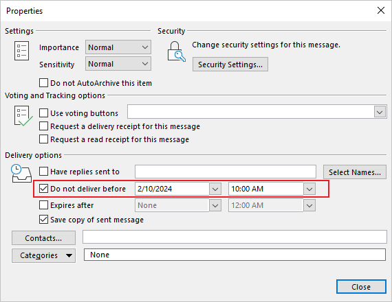 Properties dialog box in Outlook 365